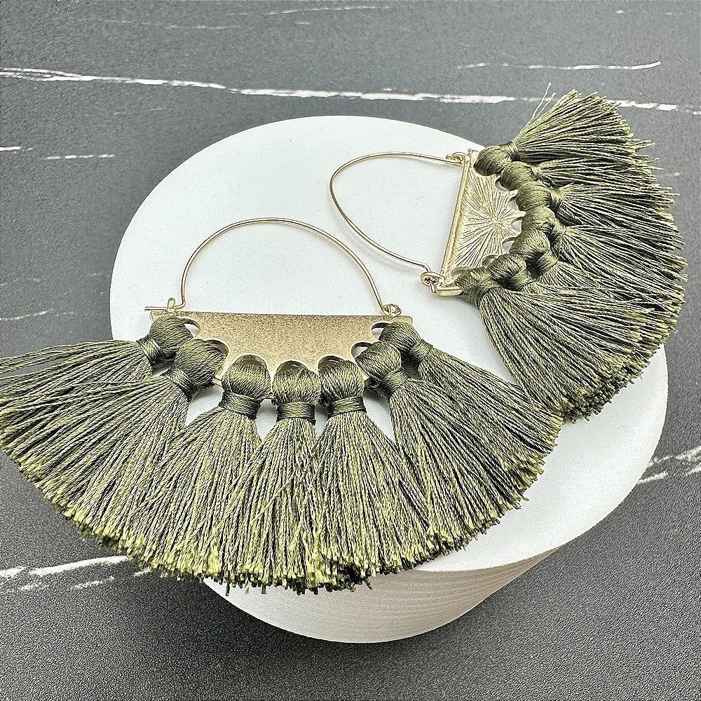 Boho Tassel Fan Dangle Earrings Green Gold Statement Fashion Jewelry